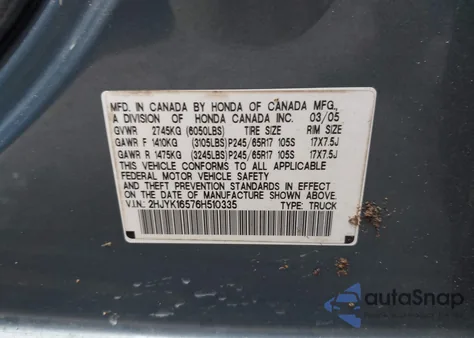 2006 Honda Ridgeline Rtl from USA, damaged, VIN 2HJYK16576H510335